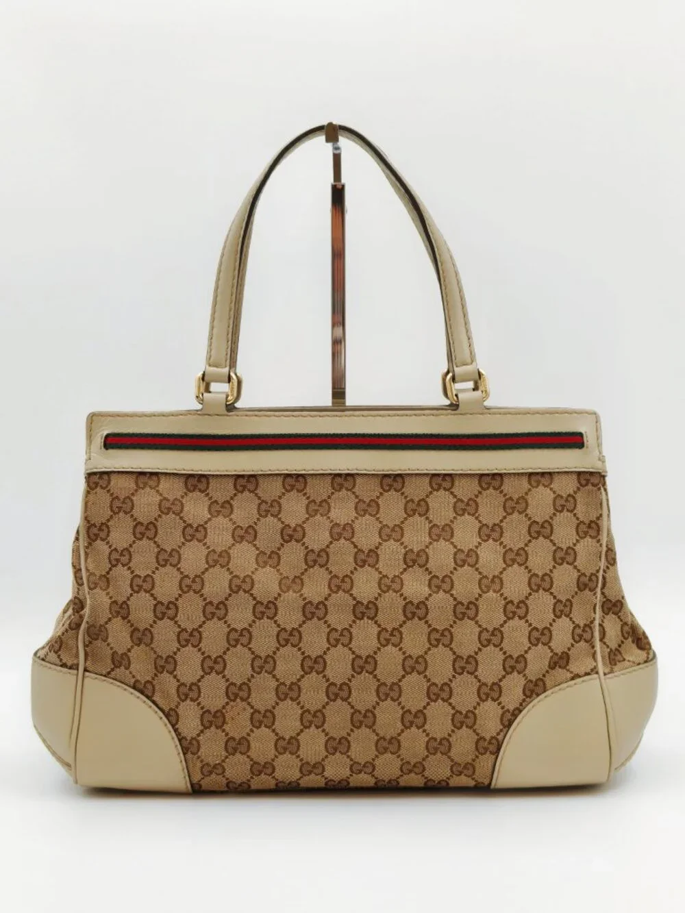 Gucci GG Canvas Web Bow Tote Bag Beige Ivory Leather Handbag Italy